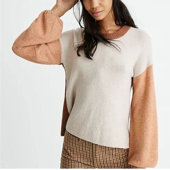 Madewell Colorblock Payton Pullover Sweater in Coziest Yarn small tan wool - Picture 1 of 7